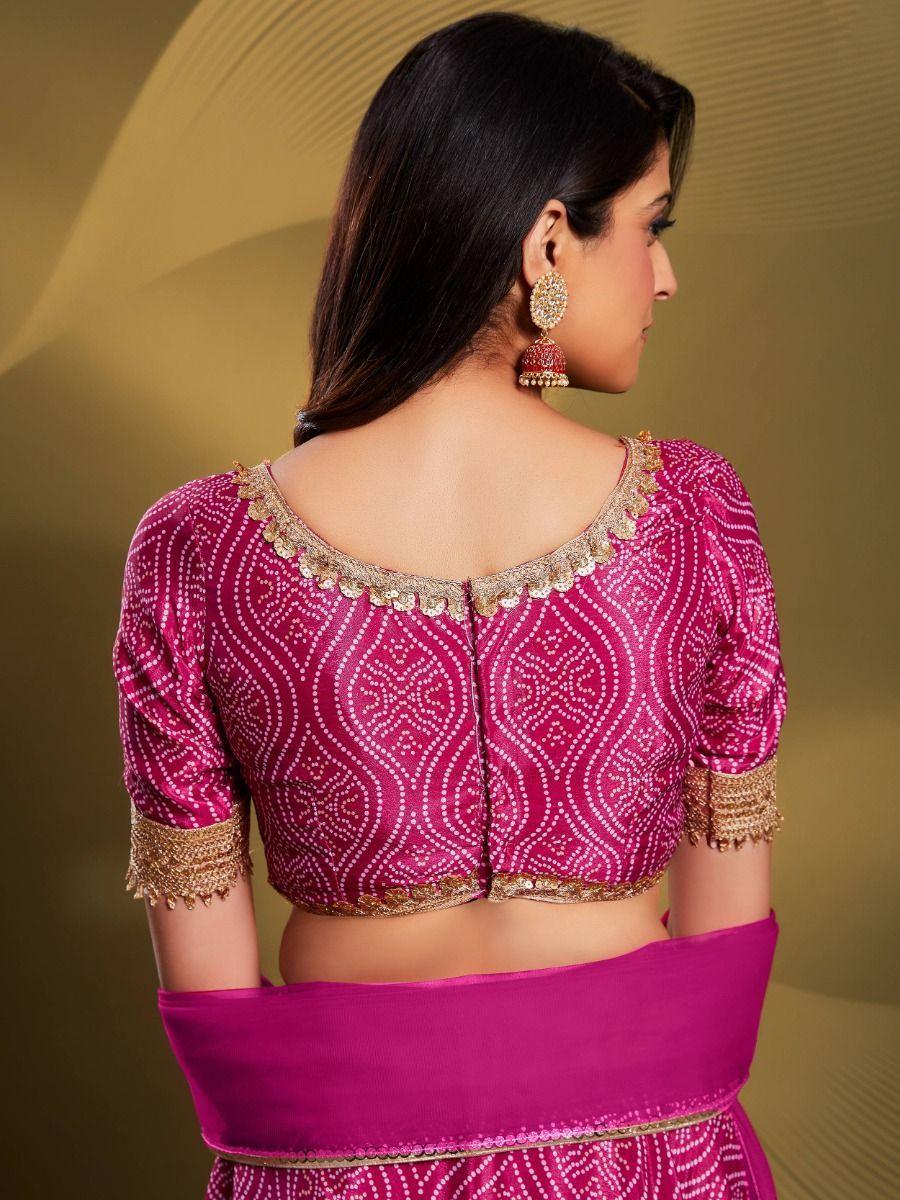 Customizable Pink Bandhani Lehenga Choli | Crepe with Sequin Borderwork for Weddings