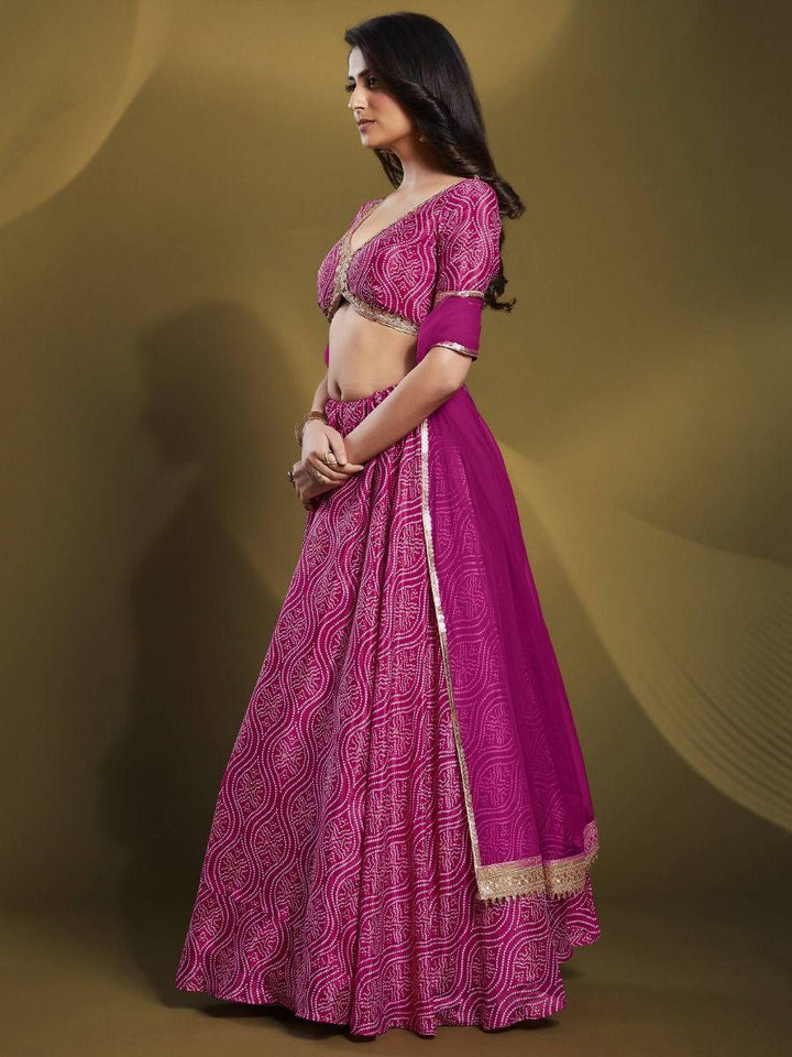 Customizable Pink Bandhani Lehenga Choli | Crepe with Sequin Borderwork for Weddings