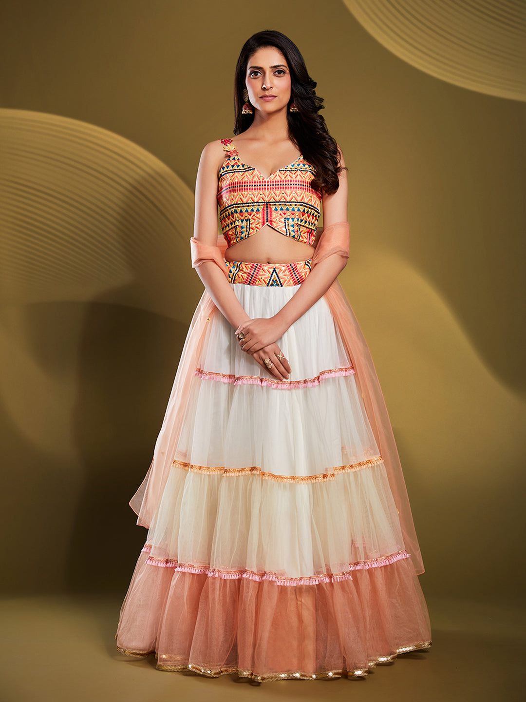 Off-White Net Lehenga with Peach Dupatta | Embroidered Wedding Wear