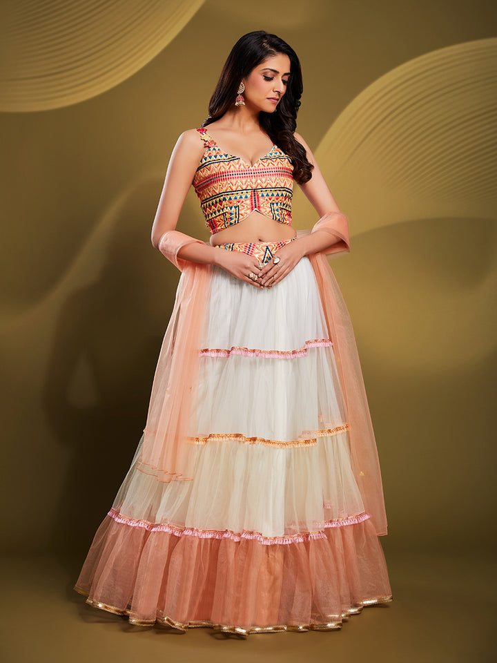 Off-White Net Lehenga with Peach Dupatta | Embroidered Wedding Wear