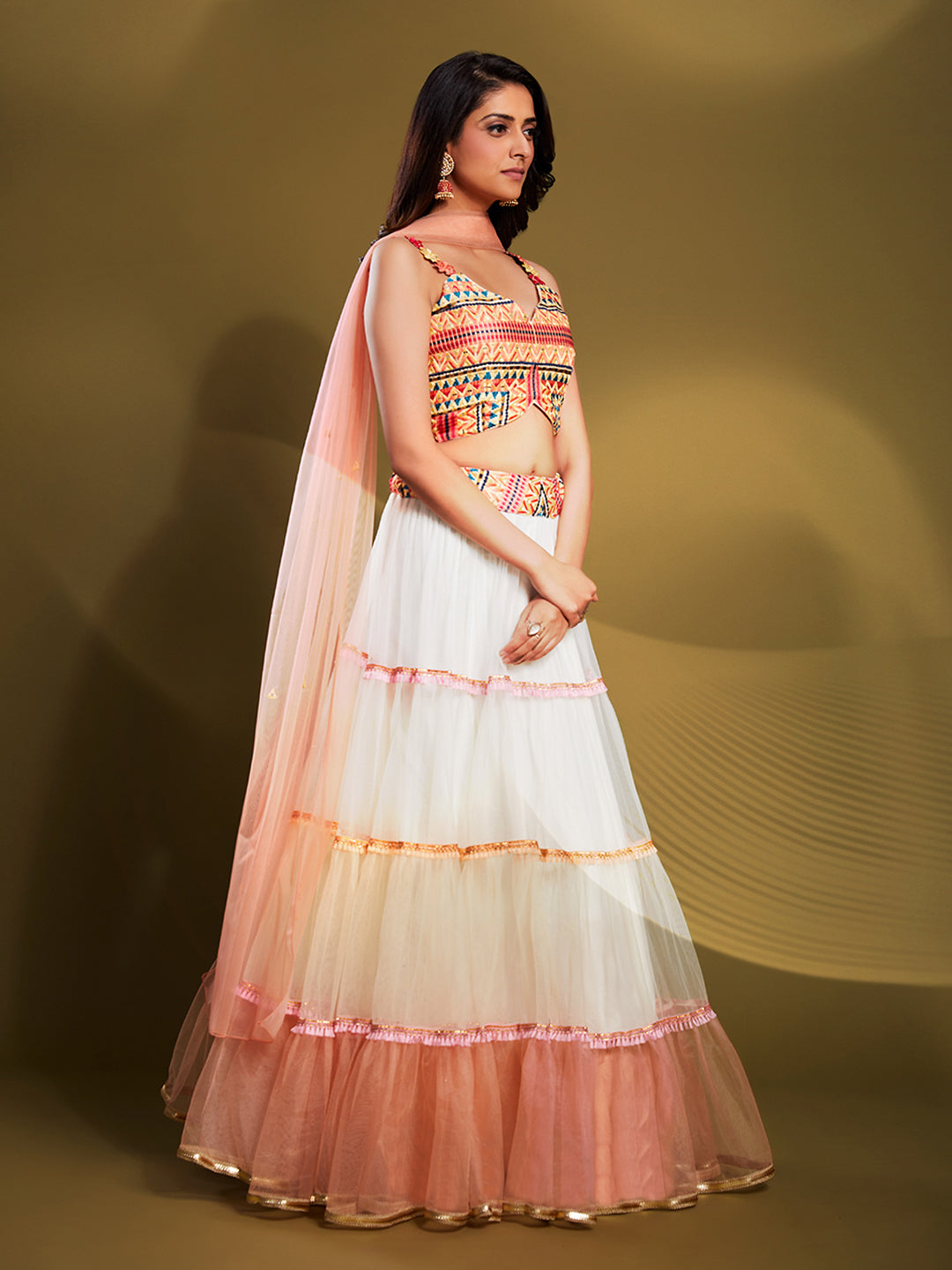 Off-White Net Lehenga with Peach Dupatta | Embroidered Wedding Wear