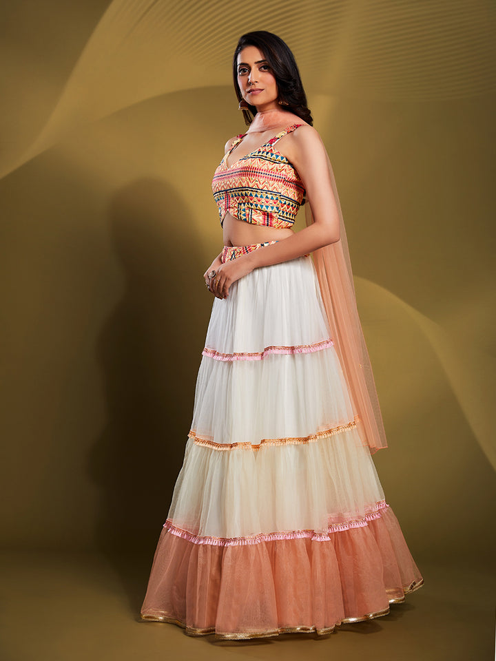 Off-White Net Lehenga with Peach Dupatta | Embroidered Wedding Wear