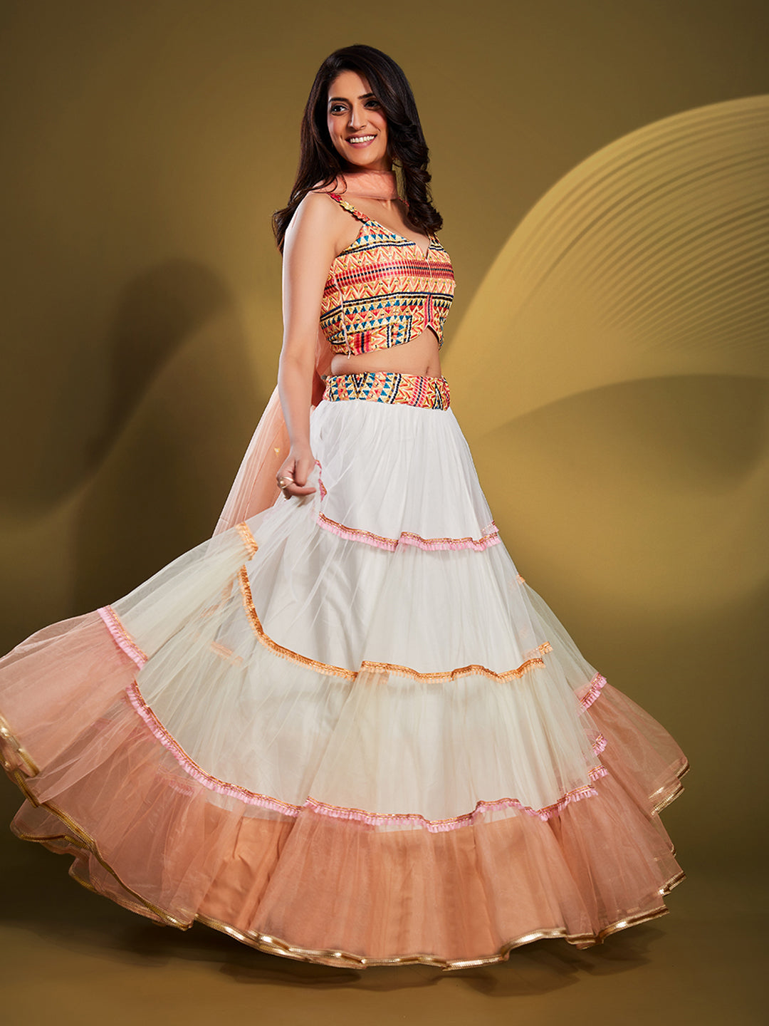 Off-White Net Lehenga with Peach Dupatta | Embroidered Wedding Wear