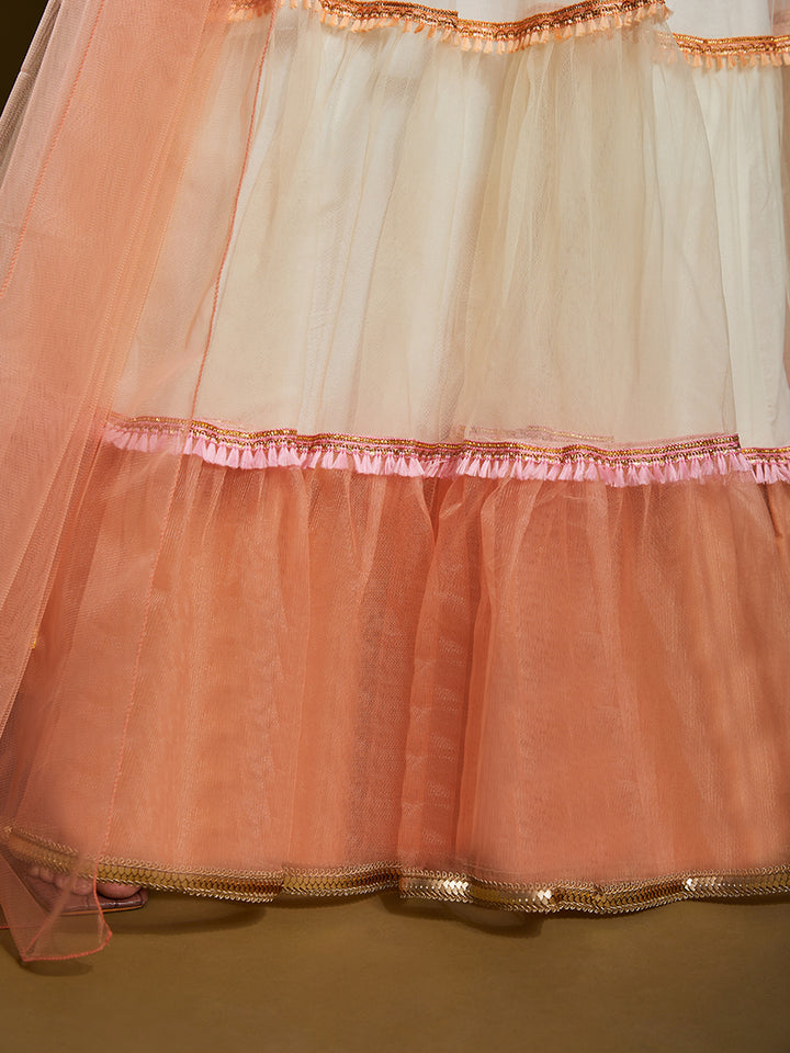 Off-White Net Lehenga with Peach Dupatta | Embroidered Wedding Wear