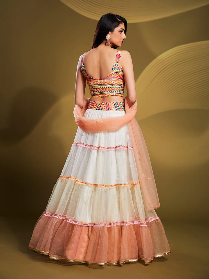 Off-White Net Lehenga with Peach Dupatta | Embroidered Wedding Wear