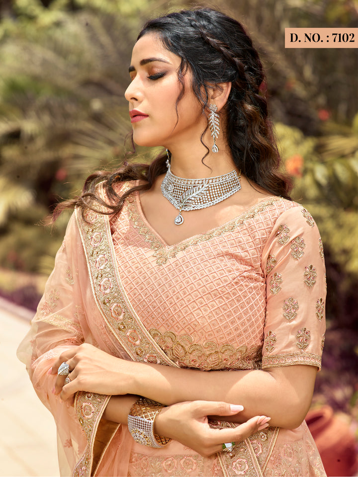 A-line Peach Lehenga Choli | Dori, Resham & Zari Work for Wedding