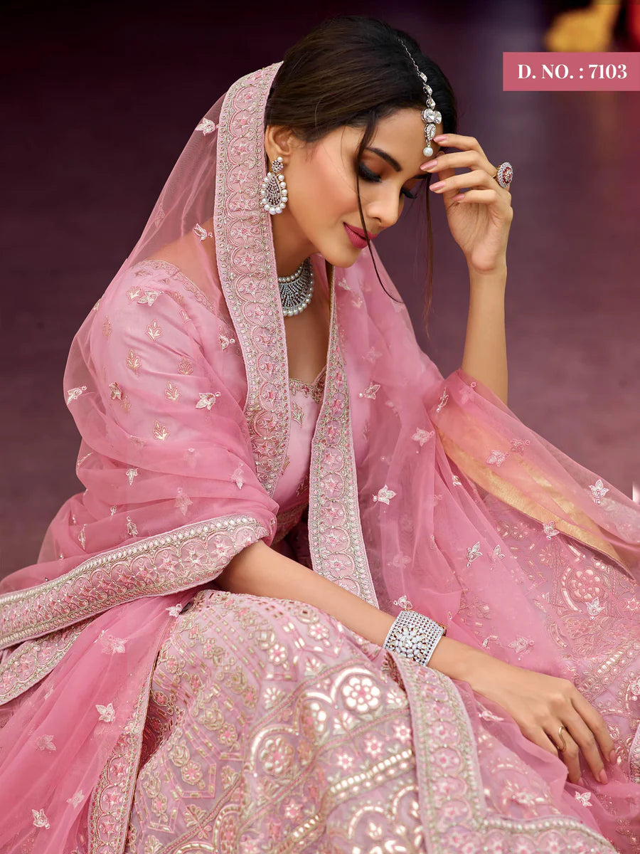 Wedding Special Pink Lehenga Choli | Resham & Zari Work with Soft Net Dupatta