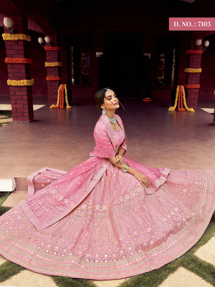 Wedding Special Pink Lehenga Choli | Resham & Zari Work with Soft Net Dupatta