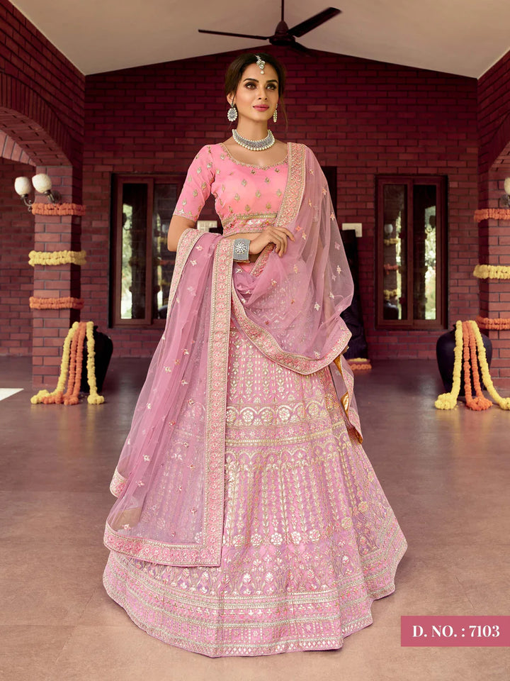 Wedding Special Pink Lehenga Choli | Resham & Zari Work with Soft Net Dupatta