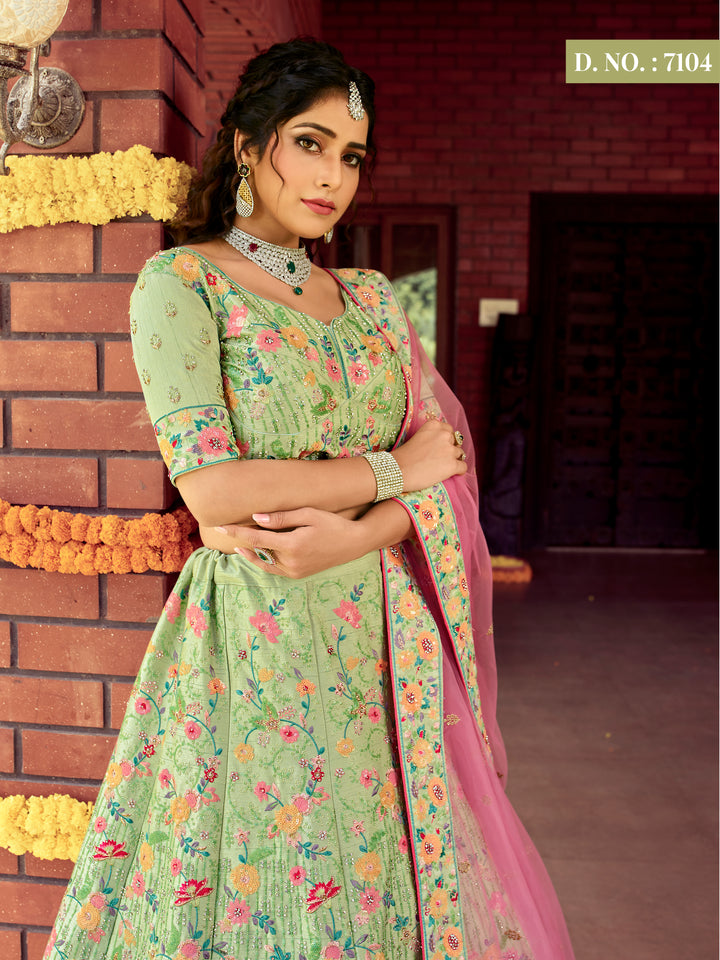 Light Green A-Line Raw Silk Lehenga | Wedding & Party Wear Lehenga