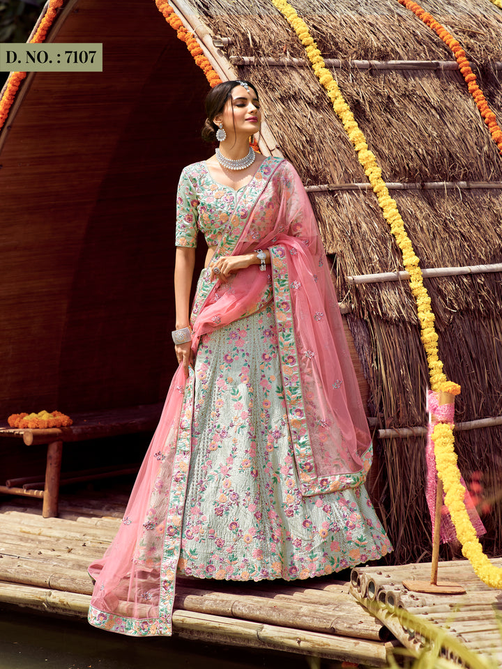 Elegant Green Satin Lehenga for Weddings | Swarovski & Resham Embroidery