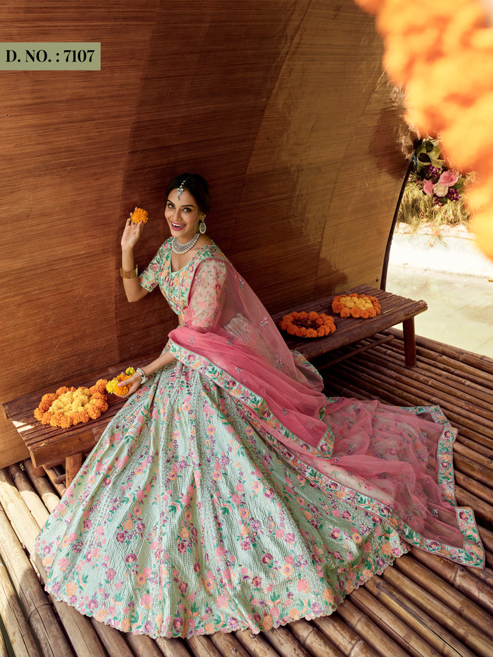 Elegant Green Satin Lehenga for Weddings | Swarovski & Resham Embroidery