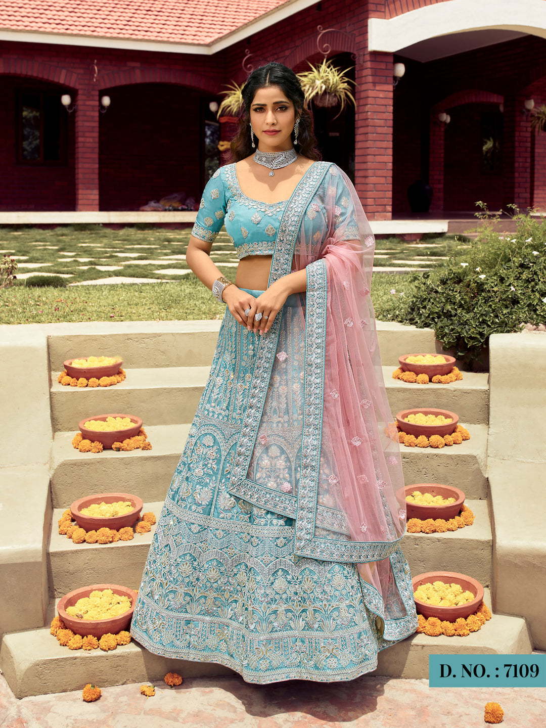 Designer Turquoise Bridal Lehenga | Zarkan Work with Net Dupatta