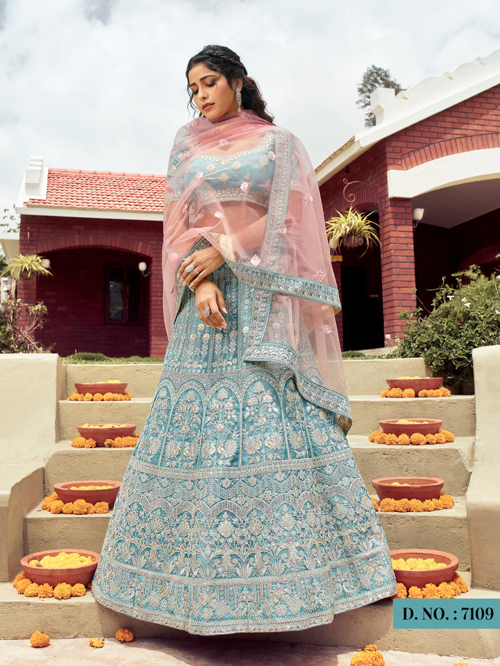 Designer Turquoise Bridal Lehenga | Zarkan Work with Net Dupatta