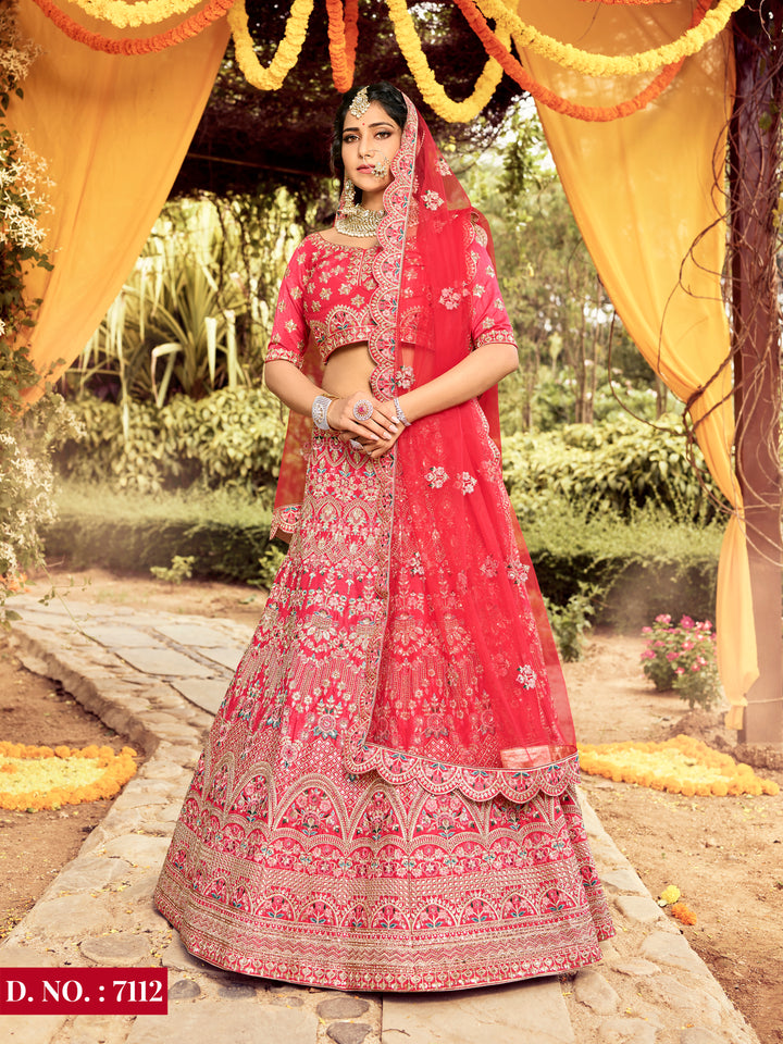 Red A-Line Lehenga Choli | Designer Raw Silk Lehenga for Wedding Reception