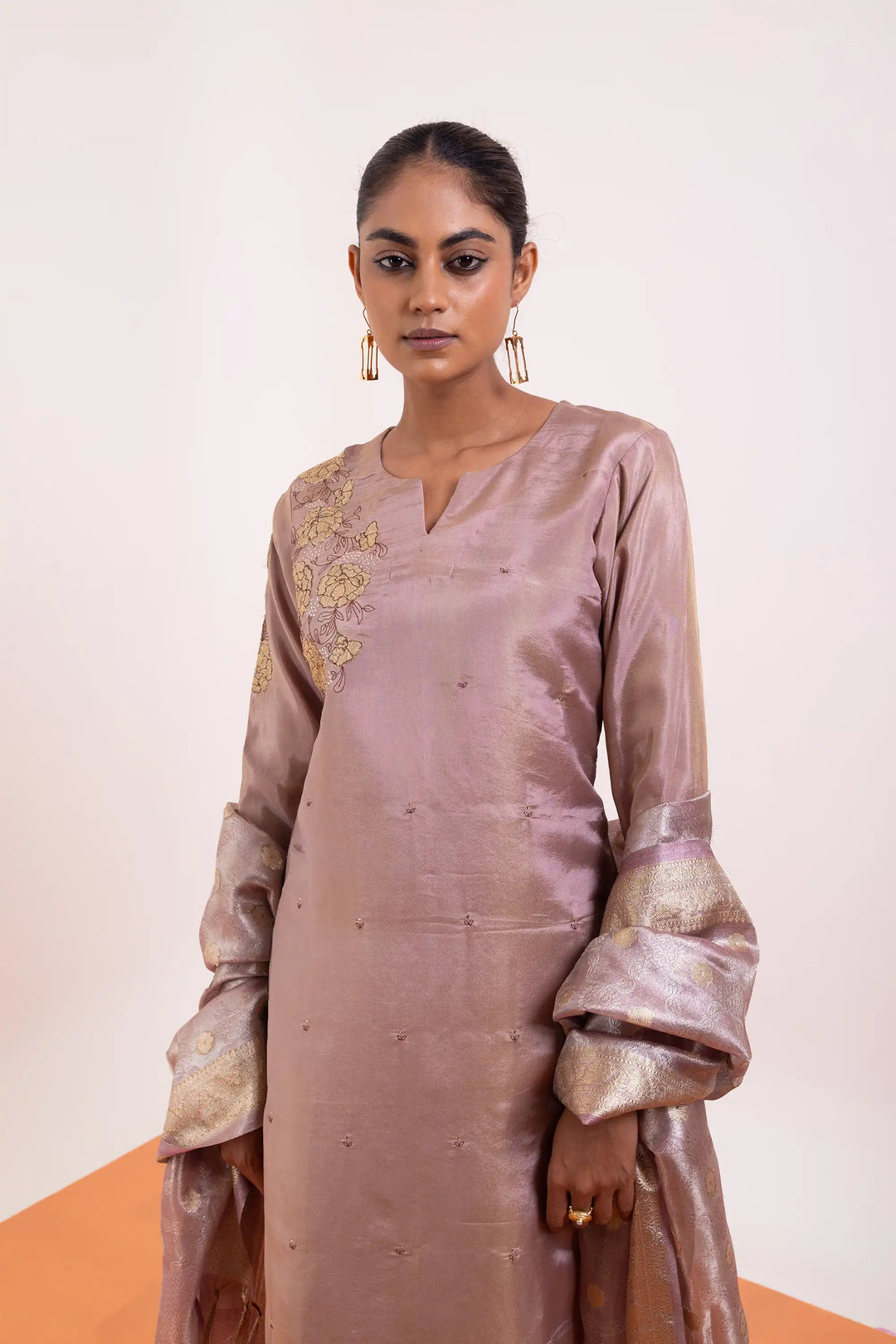 Elegant Kurtis Set | hand work tissue-silk in light-lavender