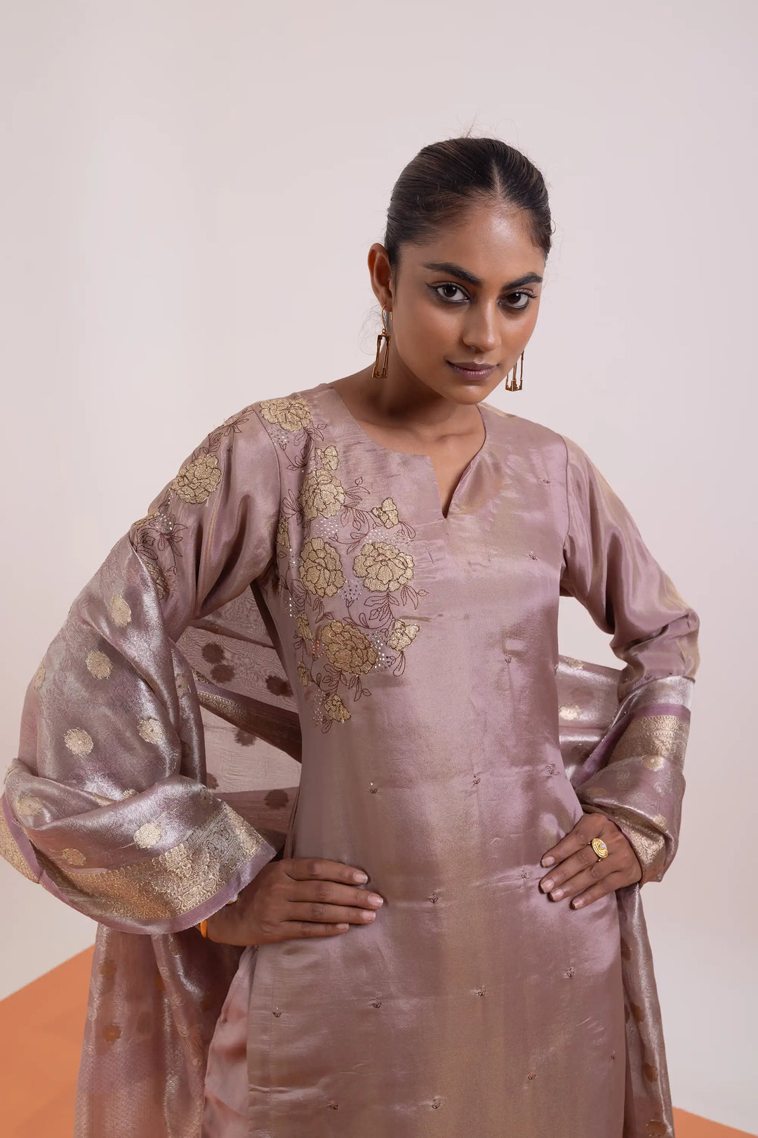 Elegant Kurtis Set | hand work tissue-silk in light-lavender