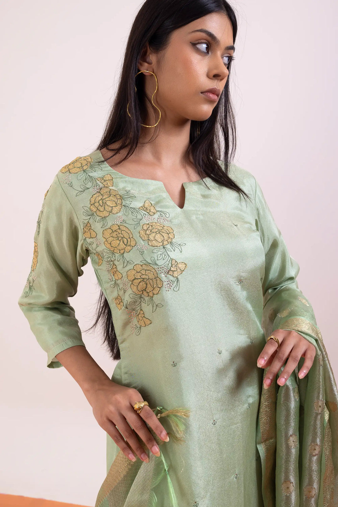 Light-green Kurtis Set | Crafted with tissue-silk and hand work linening work