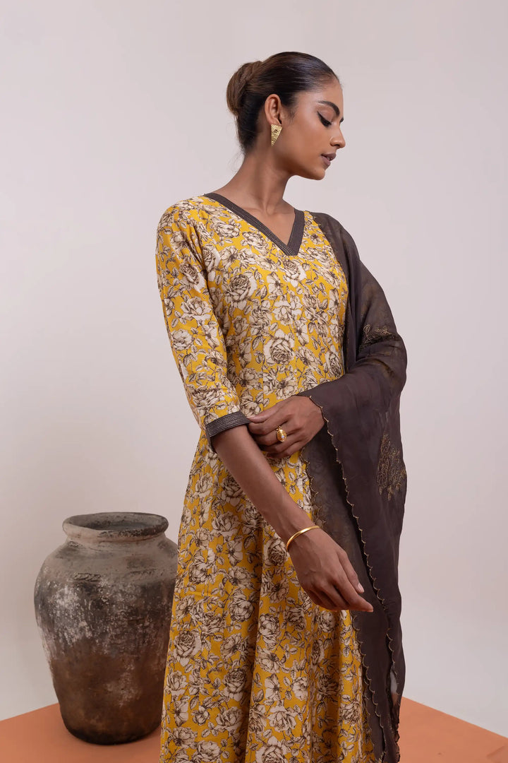 Elegant Anarkali | embroidery work linening work muslin in mustard