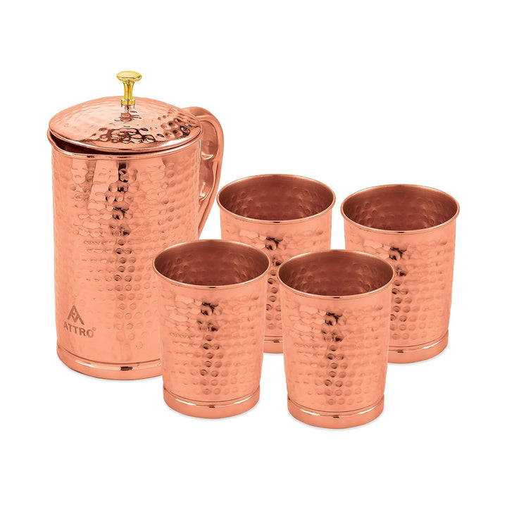 Attro Pure Copper Kumbh Jug 1.25L with Glass Set | Carving Finish