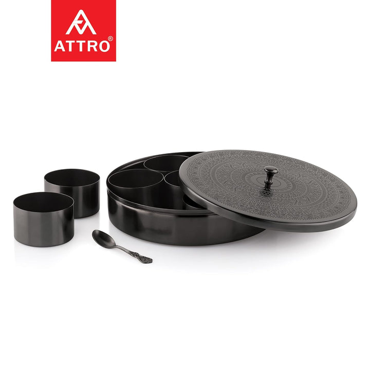 Attro Designer Carving Finish Spice Box with Spoon | 7 Detachable Containers