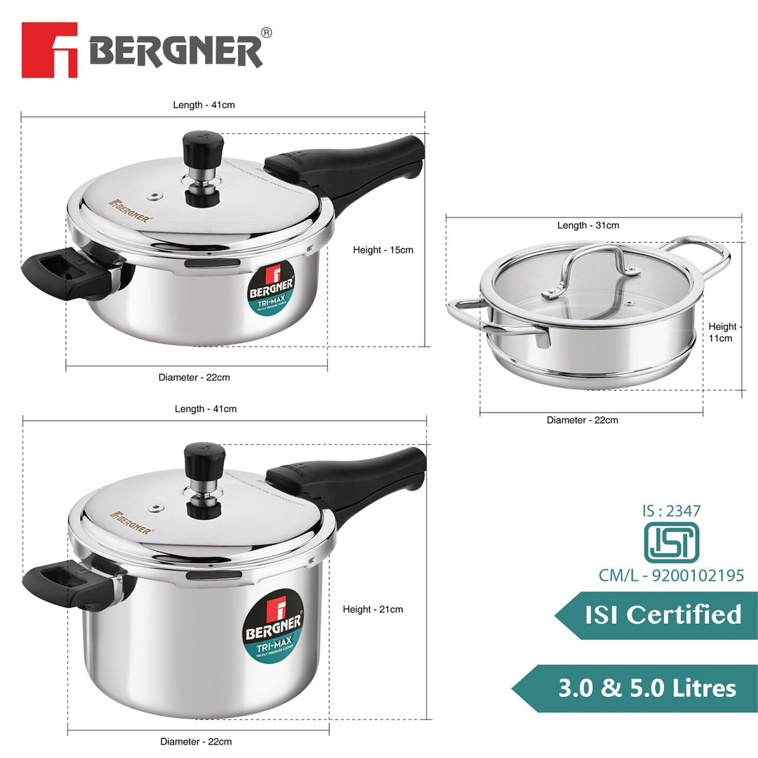 Bergner Tri-Max Triply Combo | 3L Pan, 5L Cooker, Steamer with Glass Lid