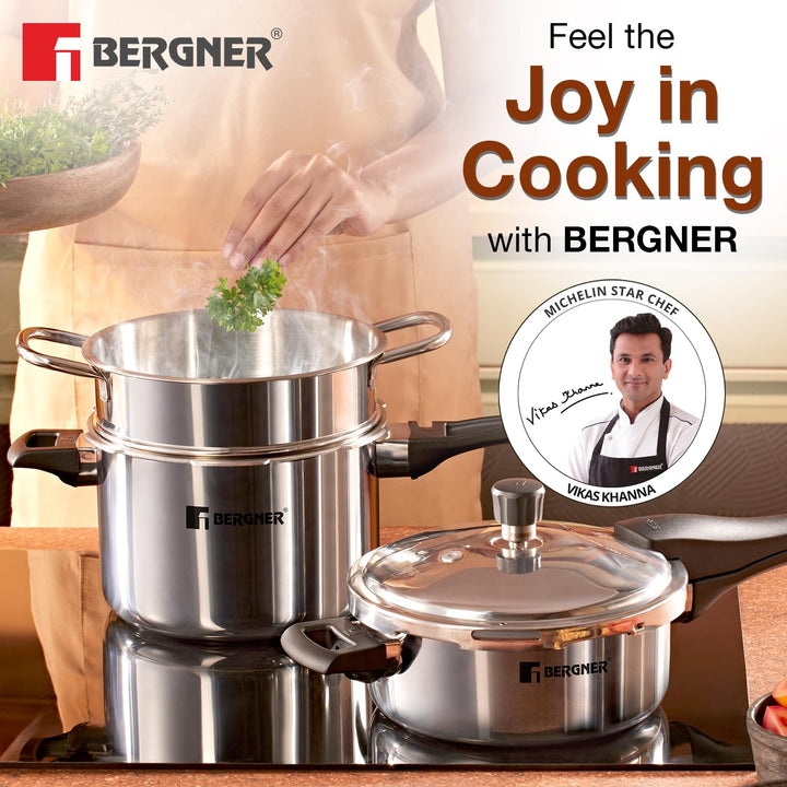 Bergner Tri-Max Triply Combo | 3L Pan, 5L Cooker, Steamer with Glass Lid