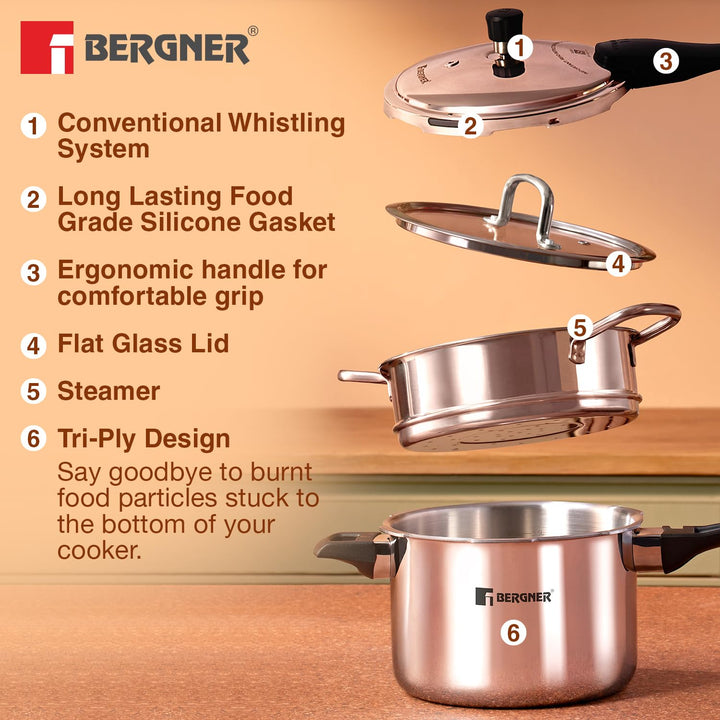 Bergner Tri-Max Triply Combo | 3L Pan, 5L Cooker, Steamer with Glass Lid