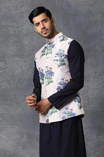 Black Kurta Pajama with White Satin Jacket | Elegant Festive Wear for Men