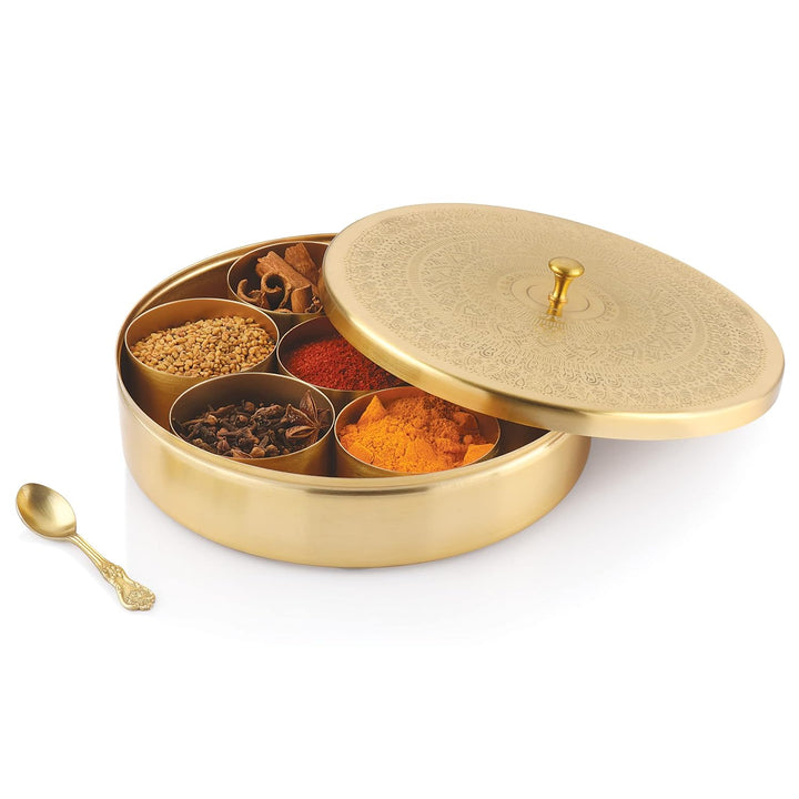 Attro Designer Carving Finish Spice Box with Spoon | 7 Detachable Containers