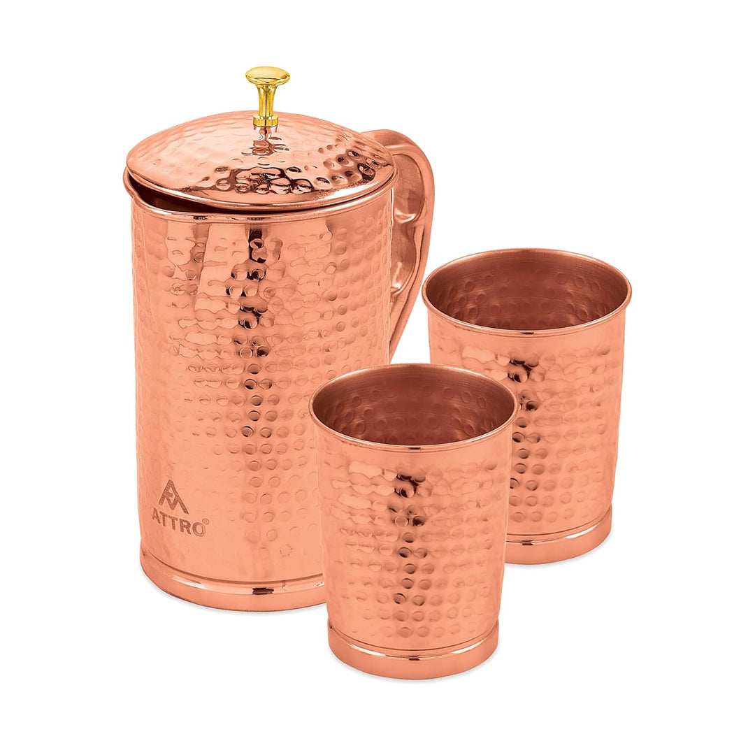 Attro Pure Copper Kumbh Jug 1.25L with Glass Set | Carving Finish