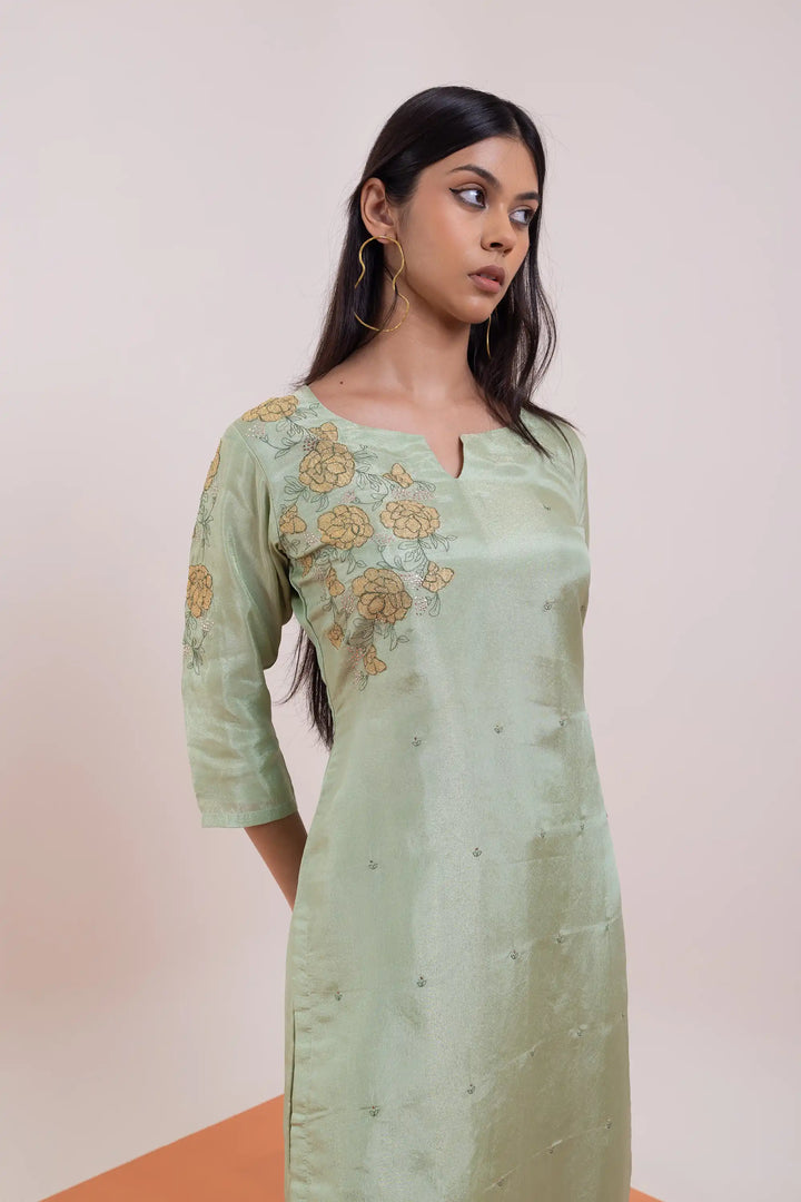 Light-green Kurtis Set | Crafted with tissue-silk and hand work linening work