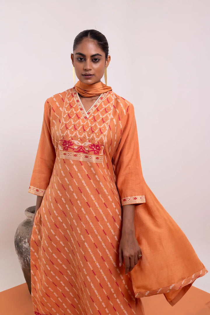 Kurtis Set in coral-orange | Perfect hand work linening work with linen jute