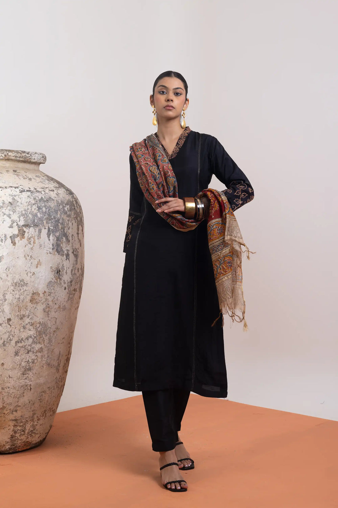 Elegant Kurtis Set | hand work printed dola-silk in black