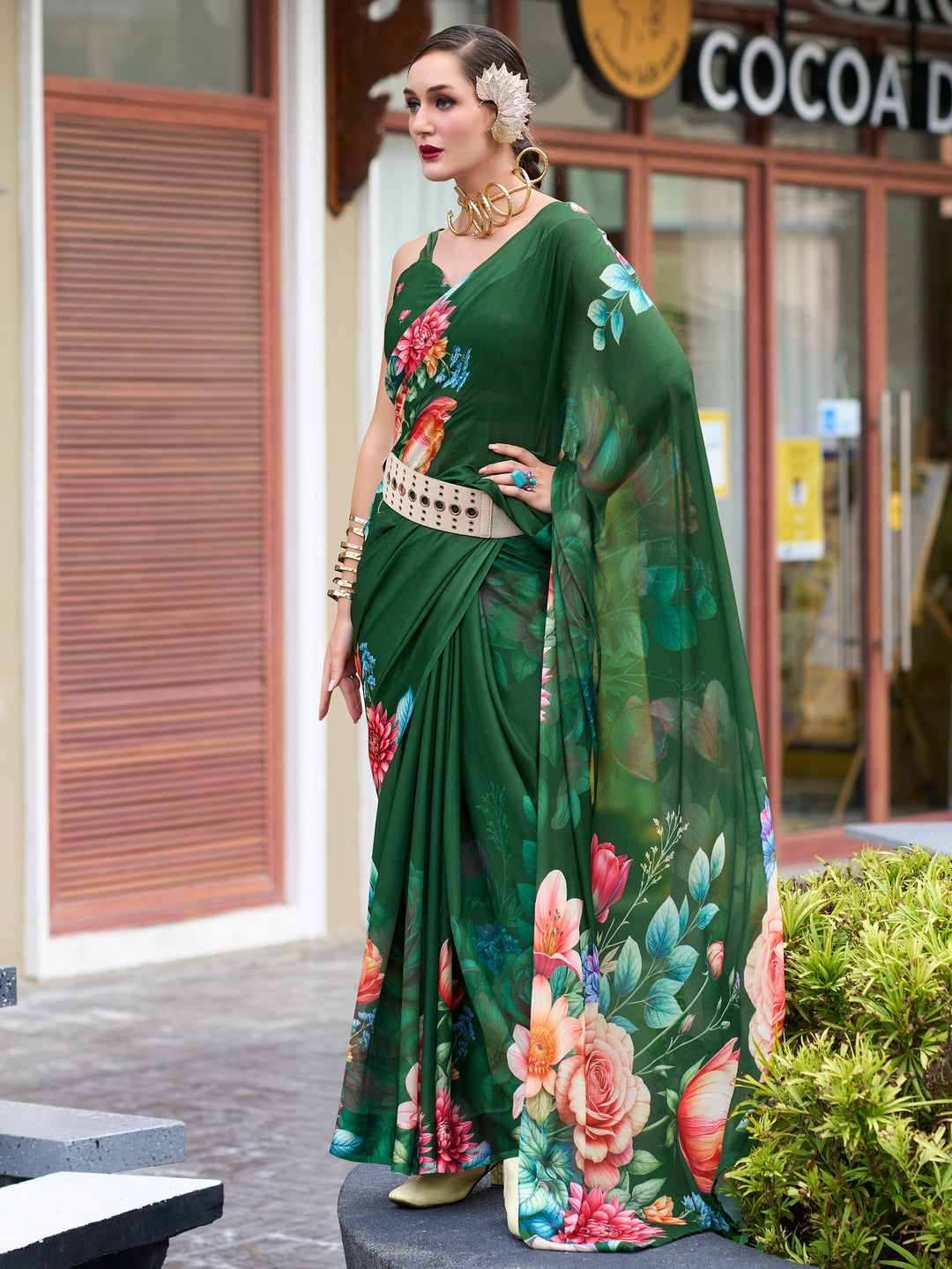 Green georgette saree crafted for elegance and style.