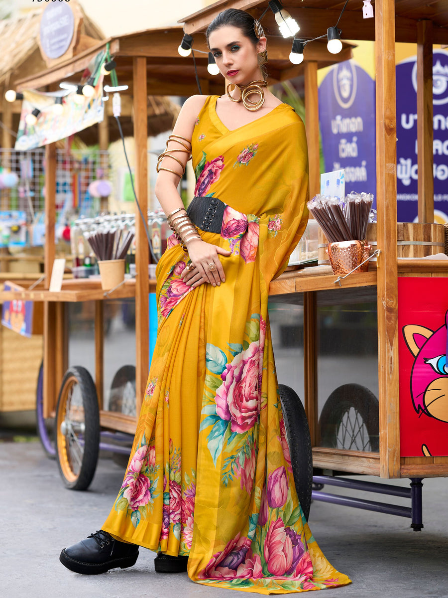 Yellow georgette saree crafted for elegance and style.