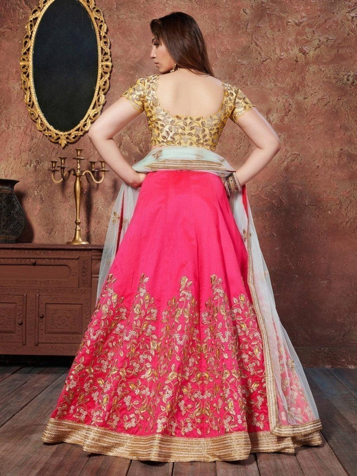 Bridal lehenga choli set with yellow mulberry silk choli and net dupatta