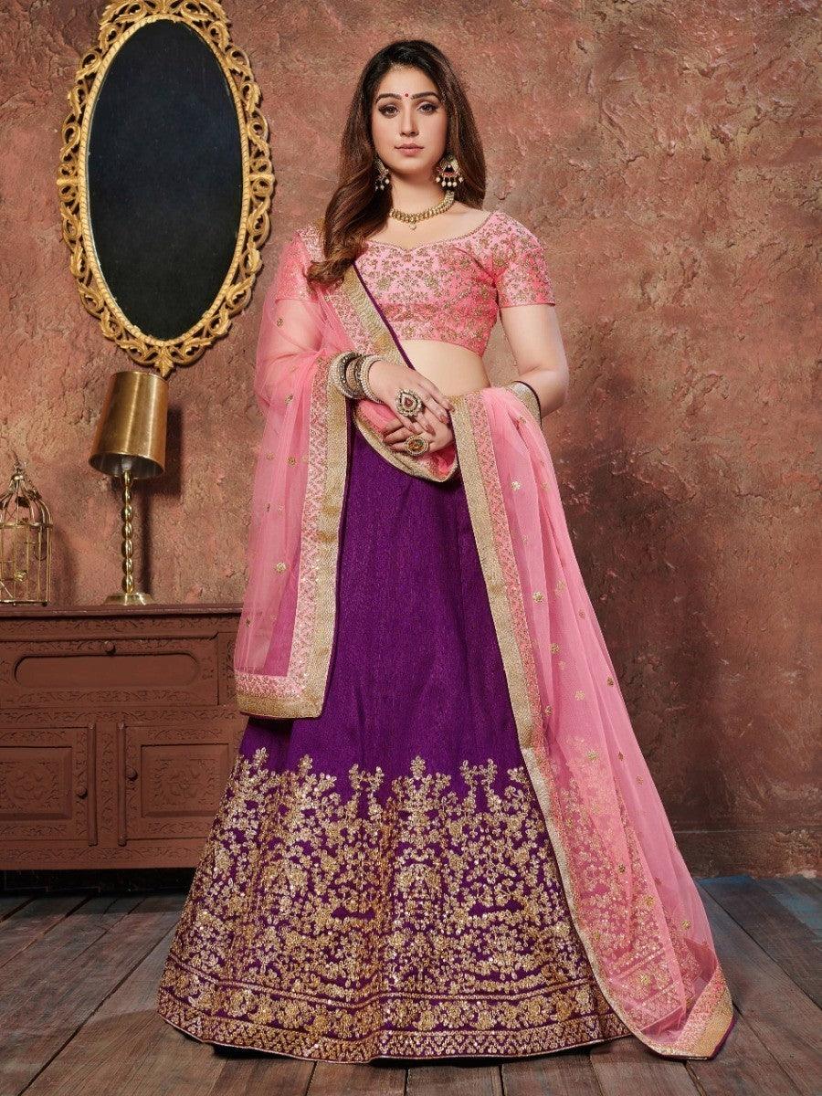 Purple mulberry silk lehenga with zari and sequins embroidery for weddings