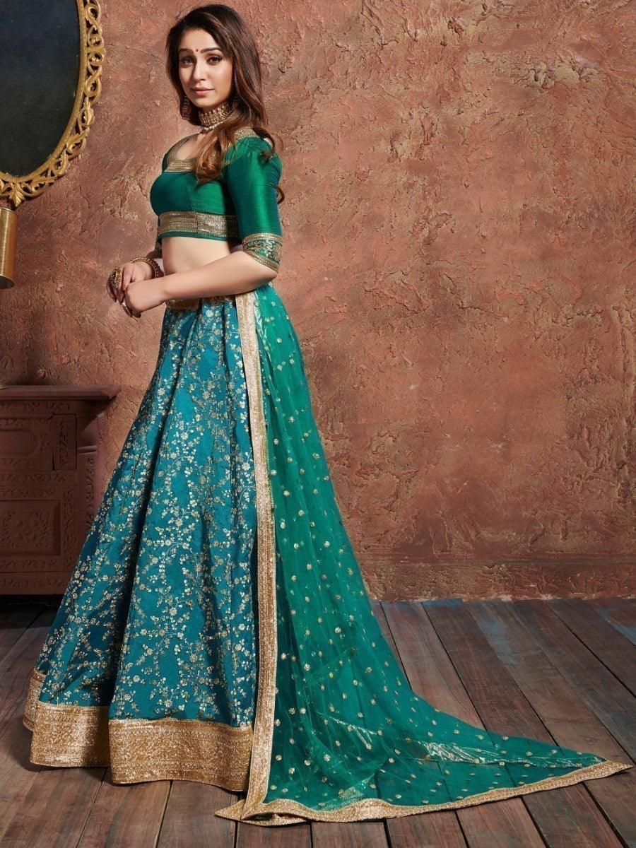 Bridal lehenga choli set in teal green with dori and embroidery