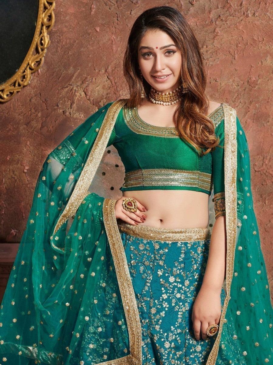 Semi-stitched teal green lehenga with customizable choli material