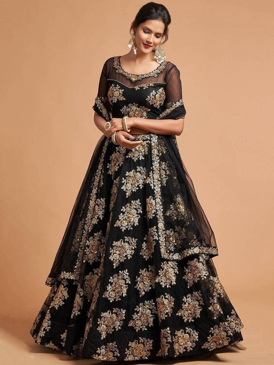 Designer black lehenga with zari and sequins embroidery work, perfect for weddings and parties.