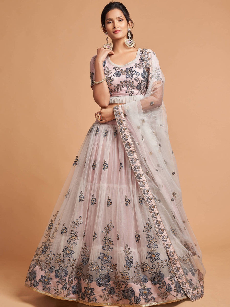 Stylish grey lehenga with intricate thread, zari, and sequins embroidery, ideal for weddings and parties.