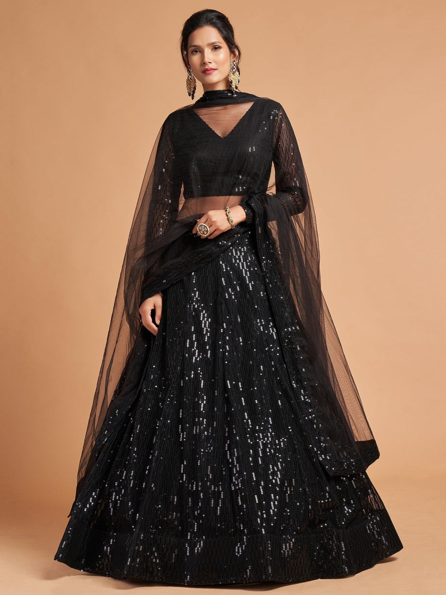 Elegant black lehenga with thread and sequins embroidery for weddings and parties.