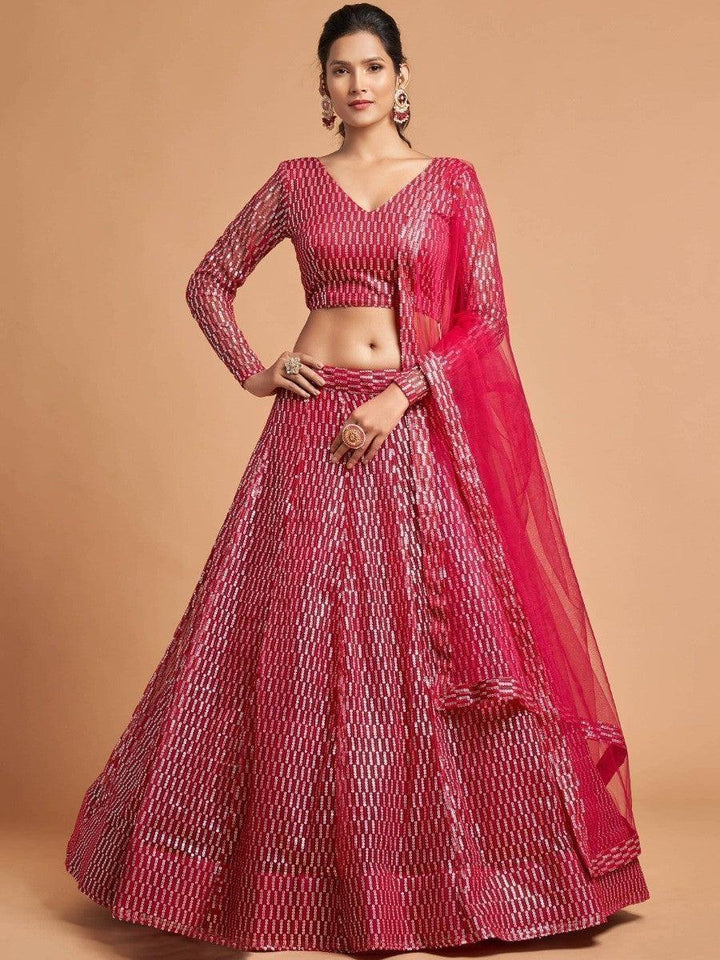 Stylish hot pink lehenga with sequins and thread embroidery for parties.