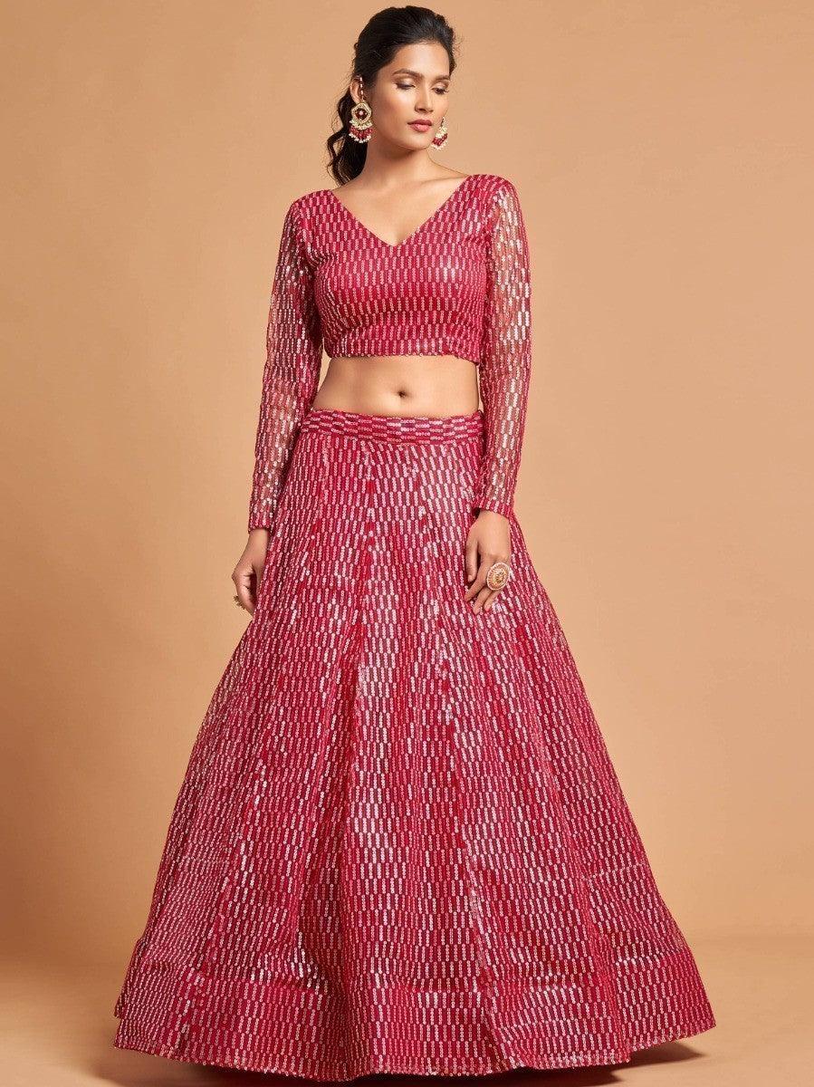 Hot pink party wear lehenga with detailed sequins and thread work.