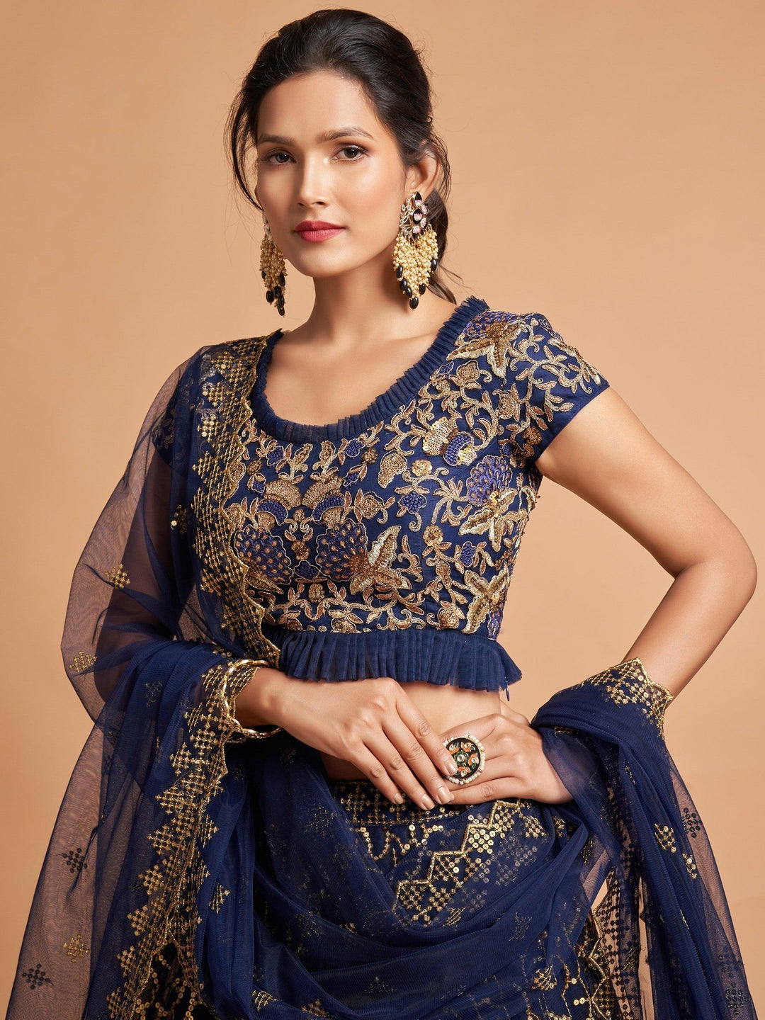 Semi-stitched navy blue lehenga for special occasions and ceremonies.