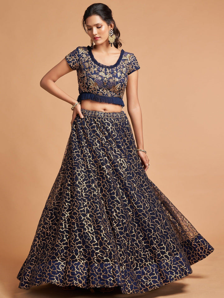 Elegant navy blue lehenga with detailed embroidery and can-can inside.