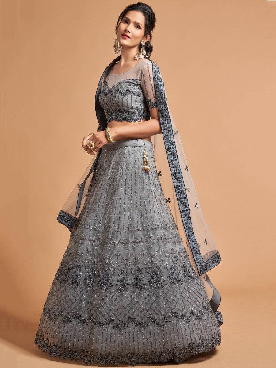 Designer grey lehenga choli with matching blouse and soft net dupatta.