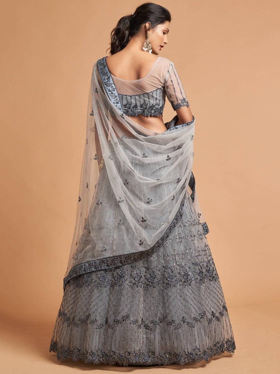 Semi-stitched grey lehenga customizable up to 42 inches for women.