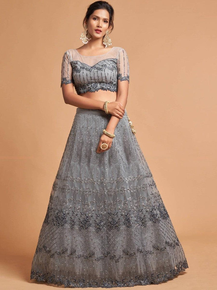 Grey party wear lehenga with thread and sequins embroidery details.